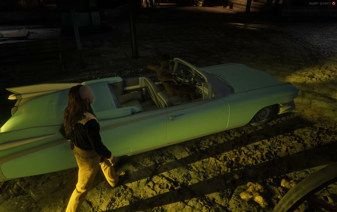 A player walking up to a parked car with its headlights on