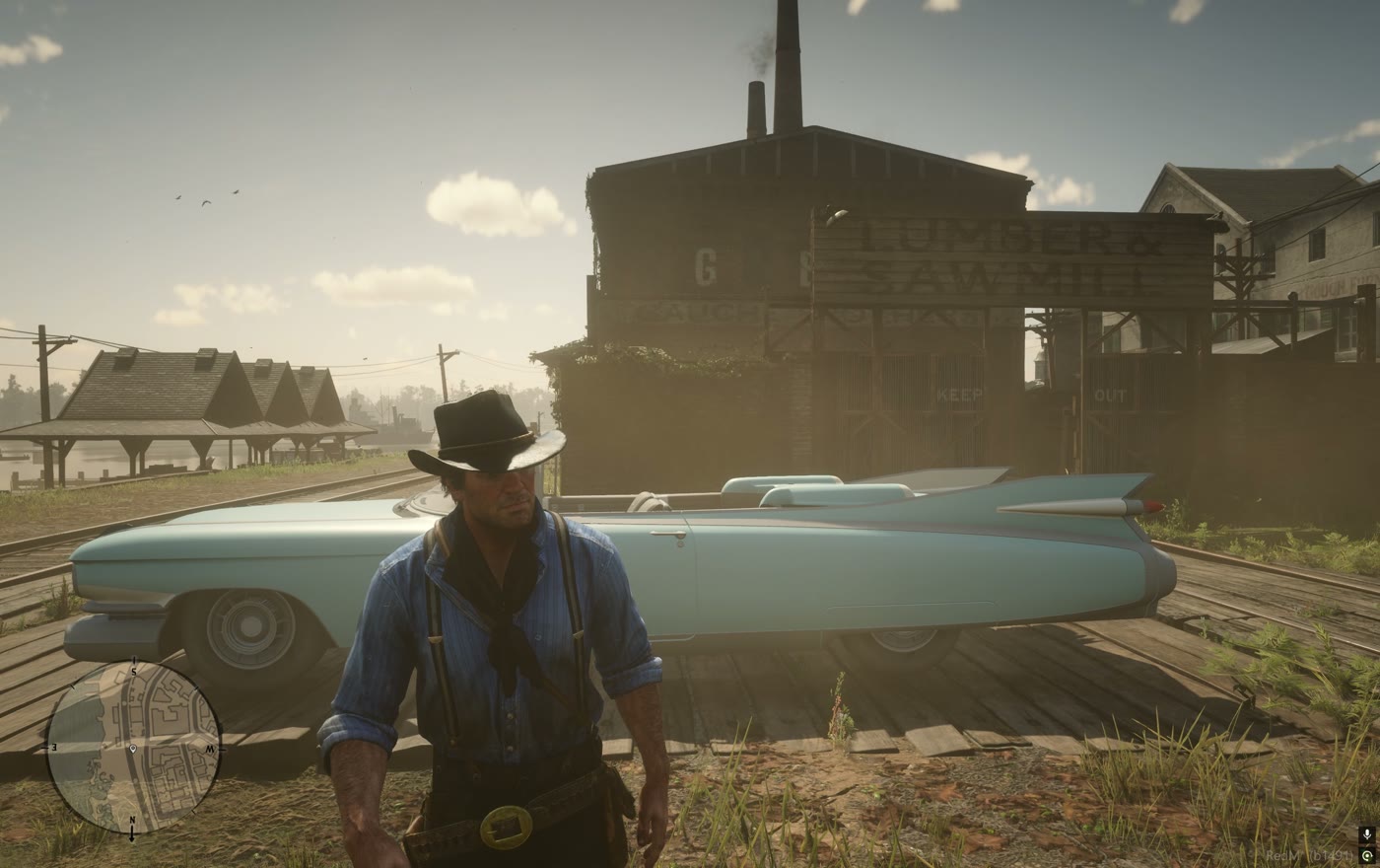 A player standing beside the car in the rail yard