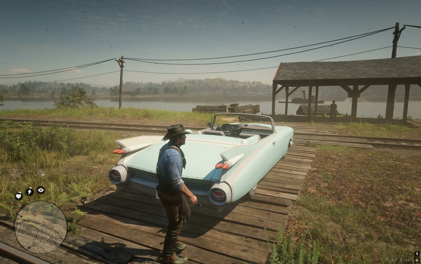 A player walking past the car by the riverside