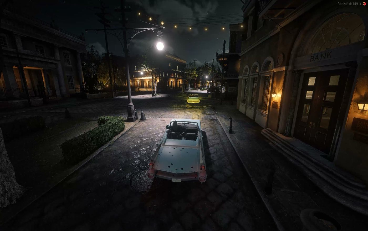 A car under the street lamps at night